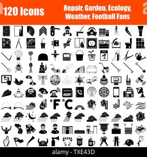 Satz von 120 Icons. Reparatur, Garten, Ökologie, Wetter, Fußball Fans Themen. Schwarze Farbe Stencil Design. Vector Illustration. Stock Vektor