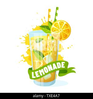 Lemonade Vektorgrafik. Modernes Banner mit Glas, Band und Saft Spritzer isoliert auf weißem Hintergrund. Frischer und süßer Sommerdrink mit Zitrone. Stock Vektor