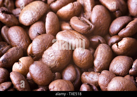 Geröstete Kaffeebohnen, Nahaufnahme. Hintergrund. Stockfoto