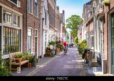 Haarlem, Niederlande - 31. Mai 2019: Charmantes kleines Green Street im Stadtzentrum von Haarlem mit männlichen Radfahrer und sein Telefon und Fußgänger Stockfoto