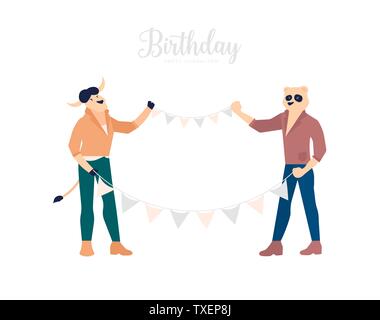B-Day Feier Vector Illustration. Disco, Retro Party isoliert Clipart. Festliche Dekorationen, Zubehör. Stier und Panda Metapher für Freunde flachbild Zeichen. Geburtstag, Feiertag, Jubiläum Stock Vektor