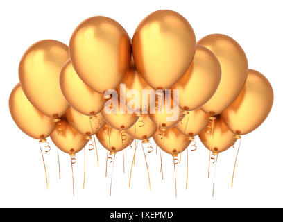 Party Ballons golden fliegen. happy birthday Dekoration Luxus gelb. Gruppe von Helium ballon glänzend. Urlaub, Jubiläum, Feier Hintergrund. Stockfoto