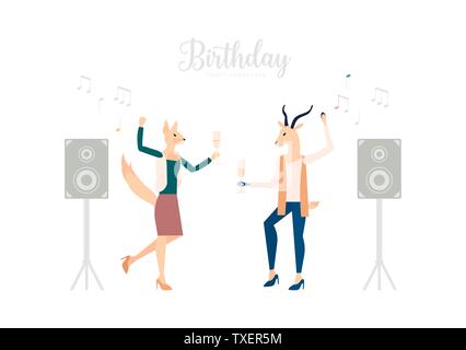 Freunde in der Nacht Club Vector Illustration. Geburtstag Feier isoliert clipart mit Schriftzug. Humanisierter Tiere trinken Wein. Flache Charaktere Anhören von Musik und Tanz. Stock Vektor