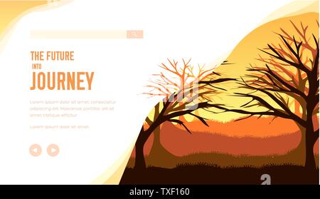 Wald Vektor landing page Template. Woods minimalistischer Landschaft flach Abbildung. Aktiver Urlaub, Abenteuer Reise. Camping, Trekking, Reisen Web Banner Layout mit Text Raum Stock Vektor