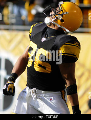 Pittsburgh Steelers" Hines Ward feiert den Pass Störungen Anruf auf Baltimore Ravens Chris Carr am Heinz Feld in Pittsburgh, Pennsylvania am 27. Dezember 2009. Die Steelers ging auf ein Tor gegen die Raben nach der Strafe. UPI/Archie Tischler Stockfoto