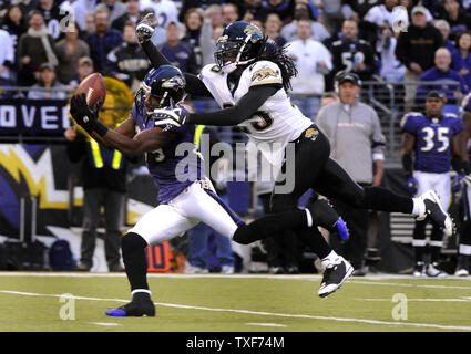 Baltimore Ravens wide receiver Markierung Clayton Fänge ein 48 Yard first down Pass über Jacksonville Jaguars safety Reggie Nelson im ersten Quartal bei M&T Bank Stadium in Baltimore am 28. Dezember 2008. (UPI Foto/Kevin Dietsch) Stockfoto