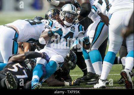 Carolina Panthers zurück laufen DeAngelo Williams ist im ersten Quartal gegen die Baltimore Ravens M&T Bank Stadium am 28. September in Angriff genommen, 2014 in Baltimore, Maryland. UPI/Pete Marovich Stockfoto