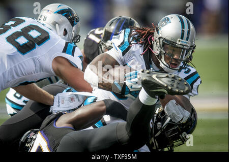 Carolina Panthers zurück laufen DeAngelo Williams ist im ersten Quartal gegen die Baltimore Ravens M&T Bank Stadium am 28. September in Angriff genommen, 2014 in Baltimore, Maryland. UPI/Pete Marovich Stockfoto