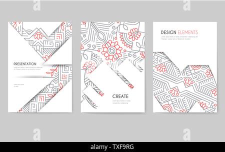 Flyer, Broschüren mit abstrakten Muster vorlagen. Rot und Schwarz lineare ethnische Verzierung Kulisse. Vektor Poster Layouts im Retro-Stil mit Copyspace. Einladung, Grußkarten Sammlung Stock Vektor