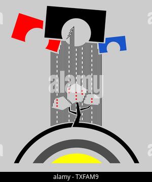 Der Satz von einfachen Formen: ein Baum über die Sonne auf den gepunkteten Weg zu drei Bögen in verschiedenen Farben. Abstrakte Kunst Hintergrund, Konstruktivismus Konzept. Stockfoto