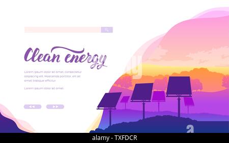 Sauberer Energieträger landing page Template. Alternative Energiequellen. Eco strom Web Banner Design. Solar Panels Silhouetten minimalistisch Abbildung. Photovoltaik Homepage Stock Vektor