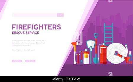 Feuerwehrmänner Vektor landing page Template. Rettungsdienst flachbild Web Banner Layout Design. Gefährliche Arbeit, Beruf. Feuerwehrmann Ausrüstung Cartoon Illustration mit Text Raum Stock Vektor