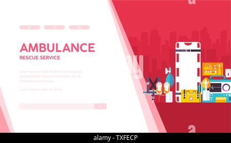 Krankenwagen Vektor landing page Template. Rettung, Notfall Service flat Web Banner Design. Reanimationsausrÿstung flachbild Bild mit Text. Sanitäter job, Beruf. Medizinische Instrumente Stock Vektor
