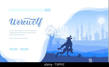 Werwolf Vektor landing page Template. Fantasy, mystische Geschichten Web Banner Layout Design mit Text. Horrorfilm Homepage. Kreatur heulen auf Moon silhouette minimalistische Darstellung Stock Vektor