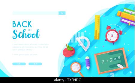 Zurück zu Schule Vektor landing page Template. Bürobedarf online Shop Web Banner Design. Stationäre saisonalen Verkäufe Werbung. Fernkurse cartoon Lektionen Abbildung mit Text Raum Stock Vektor