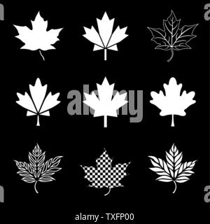 Maple Leaf Symbol silohouettes in Weiß auf Schwarz für Kanada Flag gesetzt der Blätter gruppiert Stock Vektor