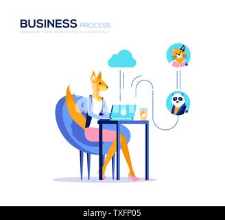 Business Process Vektor poster Konzept. Workflow Management Abbildung. Group chat, Kommunikation über das Internet. Webinar, Online Seminar, Konferenz. Weibliche boss Chatten mit Untergebenen Stock Vektor