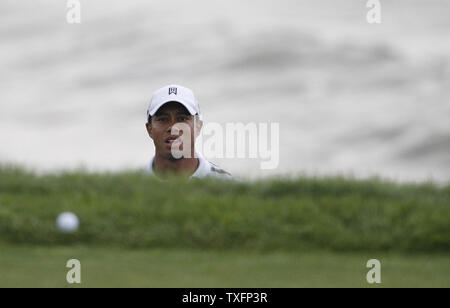 Tiger Woods Uhren sein Chip shot Land auf dem Grün in der 3. Bohrung während der zweiten Runde der 92 PGA Meisterschaft an den pfeifenden Straßen in Kohler, Wisconsin am 13. August 2010. Die zweite Runde wurde wegen Dunkelheit ausgesetzt. UPI/Brian Kersey Stockfoto