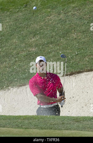 Tiger Woods schlägt aus einem Bunker auf dem 16 Grün während der ersten Runden des 93 PGA Meisterschaft am Atlanta Athletic Club am 11. August in Johns Creek, Georgien 2011. UPI/Brian Kersey Stockfoto