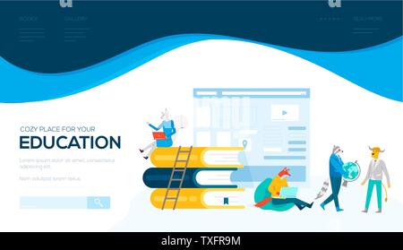 Online Bildung Vektor landing page Template. Medien Bibliothek Homepage Design. Vorbereitung für Prüfungen Cartoon Illustration. Abstand Lernen. E-Reader cartoon Web Banner Layout Stock Vektor