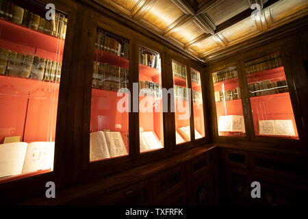 Die Innenräume des alten Camaldoly Apotheke mit den originalen Möbel und eine Sammlung von galenische Rezept Bücher. Stockfoto