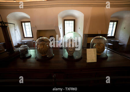 Die Innenräume der galenischen Labors in der alten Camaldoly Apotheke mit der ursprünglichen Werkzeuge und Vasen. Stockfoto