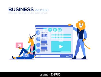 Business webinar Vektor poster Konzept. Workflow, Zeitmanagement Seminar, Konferenz. Video blogging, vlogging, Streaming. Business Coach, Tutor, cartoon Charakter. Fernunterricht, E-Learning Stock Vektor