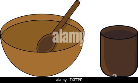 Cartoon Houten, Tasse und Löffel isoliert auf weißem Hintergrund. Mittelalterliche Geschirr für Abenteuer. Vector Illustration für Ihr Design, Game, Karte. Stock Vektor
