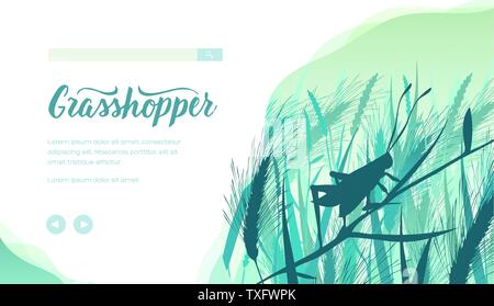 Grasshopper Vektor landing page Template. Entomologie Ausstellung Web Banner Design. Zoologie, Biologie Homepage. Die wilde Natur. Käfer Silhouette in Feld minimalistische Darstellung Stock Vektor