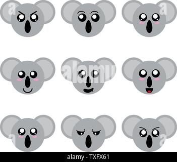 Sammlung von Koala die smiley-Gesichter, die isoliert auf weißem Hintergrund. Verschiedene Gefühle. Vector Illustration für Ihr Design, Game, Karte. Stock Vektor