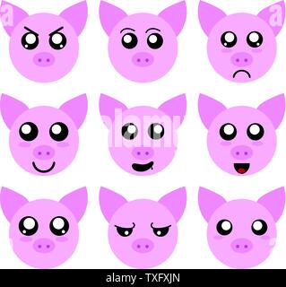 Sammlung von Schwein die smiley-Gesichter, die isoliert auf weißem Hintergrund. Verschiedene Gefühle. Vektor Illustation für Ihr Design, Game, Karte. Stock Vektor