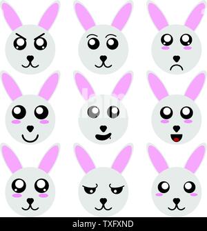 Sammlung von Kaninchen die smiley-Gesichter, die isoliert auf weißem Hintergrund. Verschiedene Gefühle. Vektor Illustation für Ihr Design, Game, Karte. Stock Vektor