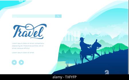 Esel reiten Vektor landing page Template. Reisebüro flachbild Web Banner mit Text. Unterhaltung für Touristen poster Idee. Reiter auf pony Silhouetten. Landschaft minimalistische Darstellung Stock Vektor