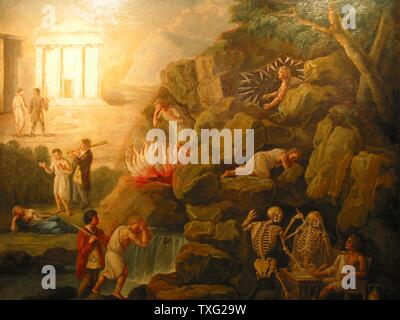 Anonyme Freemasonic Malerei von der Einleitung um 1820 Öl auf Leinwand (87 cm x 110 cm) Diese Darstellung der freemasonic Einleitung zeigt: die Passage in der "Cabinet de Reflexion' (dunkle Stelle, wo zukünftige Maurer, ihre philosophischen Testament schreiben), die Reinigung, die von den Elementen des Antragstellers, vor dem Aufstieg zum Tempel, wo er das Licht Paris, Musée de la Franc-Maçonnerie zu erhalten Stockfoto