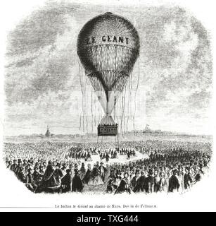 Einführung des (der Riese) Ballon die 'Le Géant", entworfen von Nadar, Champ-de-Mars in Paris, am 4. Oktober 1863. Kupferstich von Fellmann Stockfoto