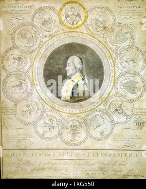 Eine Anzeige der Vereinigten Staaten von Amerika: Porträt von George Washington, Präsident der Vereinigten Staaten und Beschützer seines Landes, Verfechter der Rechte der Menschheit, umgeben Dichtungen von 13 Mitgliedstaaten und Siegel der Vereinigten Staaten. Gravur Stockfoto