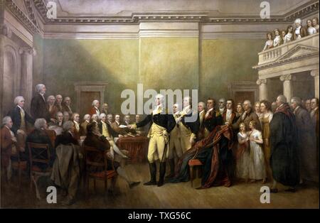 John Trumbull amerikanischen Schule General George Washington tritt seine Position als General am 23. Dezember 1793 An den Kongress Konferenz in Annapolis Stockfoto