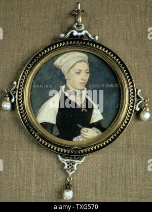 Miniaturporträt von Jane Kleine auf Pergament, in einem Anhänger mit drei barocken Perlen eingeschlossen, c 1540. Hans Holbein der Jüngere (c) 1497-1543 deutsche Künstler und Grafiker, Northern Renaissance Stil. Stockfoto