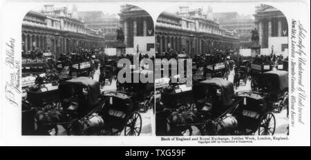 Pferdekutschen- Verkehr außerhalb der Royal Exchange und die Bank von England während der Woche in London feiert Jubiläum der Queen Victoria Diamond Jubilee Kennzeichnung 60 Jahre ihrer Regierungszeit Stockfoto