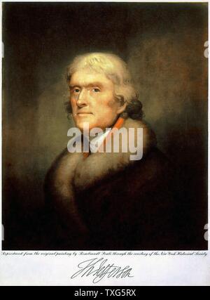 Thomas Jefferson, dritter Präsident der Vereinigten Staaten (1801-1809) Lithografie nach dem Bildnis von Rembrandt Peale. Stockfoto