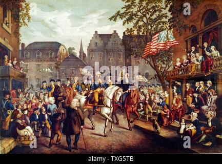 Amerikanischer Unabhängigkeitskrieg (Amerikanischer Unabhängigkeitskrieg) 1775-1783: George Washington's triumphalen Einzug in New York, 25. November 1783 Stockfoto