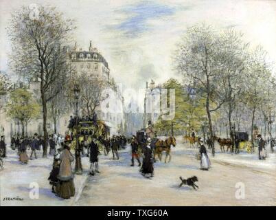 Jean-Francois Raffaelli französische Schule Paris 1900 - street scene mit Fußgängern, Pferd-bus und Haussmann-architektur Öl auf Leinwand Stockfoto