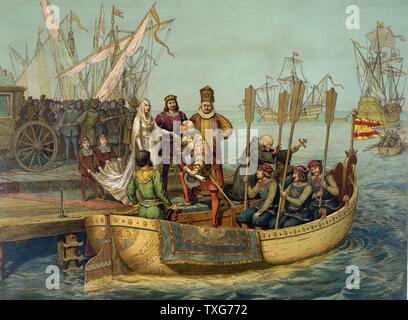 Christopher Columbus Abschied von Isabella von Kastilien und Ferdinand II. von Aragon vor Fahrtantritt auf seiner ersten Reise in die Neue Welt, den 8. August 1492 Chromolithograph Stockfoto