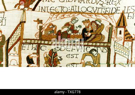 Teppich von Bayeux Tod von Edward dem Bekenner, König von England (1042-1066) oben auf seinem Sterbebett im Gespräch mit Höflingen einschließlich der Harold Stockfoto