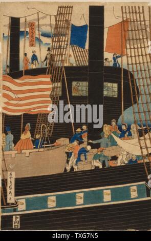 Utagawa Sadahide Japanische Schule Entladen ein amerikanisches Schiff in den Hafen von Yokohama, Japan Holzschnitt japanischen Ukiyo-e Künstlers. United States Flag Rigging treiben den europäischen Handel Handel Stockfoto