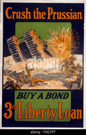 'Crush die Preußische - Kauf einer Anleihe - 3. Krieg Kredit' Welt krieg ich uns Poster, auf dem Schlachtfeld Szene der Krieg in Europa mit Deutschen in einem Graben durch Britische Infanterie angegriffen Stockfoto