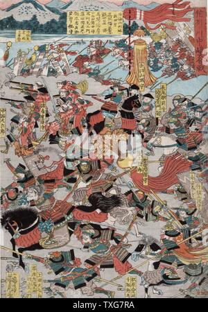 Utagawa Yoshitoro Japanische Schule der großen Schlacht von Shinsu Kawanakjima in: Wahrscheinlich der 1561 vierte Schlacht zwischen den Warlords Takeda Shingen und Uesugi Keushin auf den Ebenen der Chikmu Fluss Holzschnitt Stockfoto