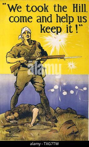 Wir nahmen den Hügel, kommen und uns helfen, es zu halten! Australische Welt krieg ich Rekrutierung, Plakat, 1915, möglicherweise in Bezug auf Gallipoli (dardanellen). H J Watson (1874-1938), australischer Künstler. Soldat verwundet Meer Bombardierung Stockfoto