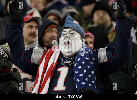 Die New England Patriots fan jubelt über sein Team, wie Sie auf der Denver Broncos im Gillette Stadium in Foxboro, Massachusetts am 14. Januar 2012 statt. Die Patrioten besiegt die Broncos 45-10. UPI/Matthew Healey Stockfoto