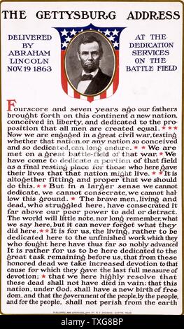 Text der Gettysburg Address von Abraham Lincoln am 19. November 1863 ausgeliefert, bei der Einweihung der Soldaten National Cemetery bei Gettysburg auf der Website des Amerikanischen Bürgerkrieg Schlacht mit der größten Zahl von Opfern. Stockfoto